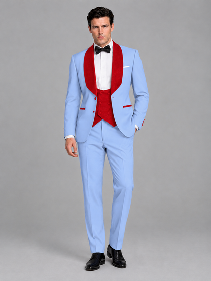 Savile Men's Light Blue 3-Piece Tuxedo Suit Set – Contrast Red Shawl Lapel Blazer, Red Waistcoat & Trousers - SUC020 - Light_Blue