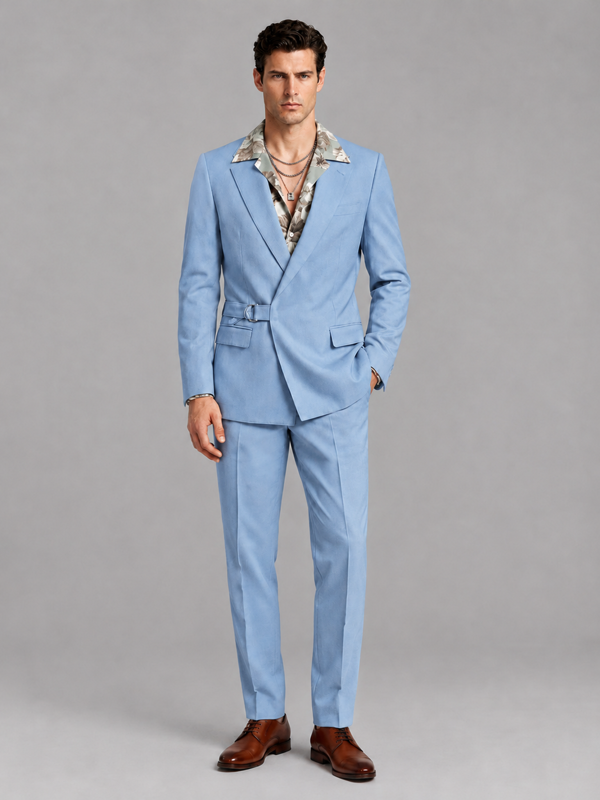 Savile Men's Light Blue Belted Wrap 2-Piece Suit – Peak Lapel Blazer & Tailored Trousers - SUC060 - Light Blue - Light Blue_2