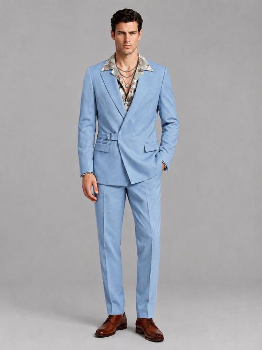 Savile Men's Light Blue Belted Wrap 2-Piece Suit – Peak Lapel Blazer & Tailored Trousers - SUC060 - Light Blue - Light Blue_2