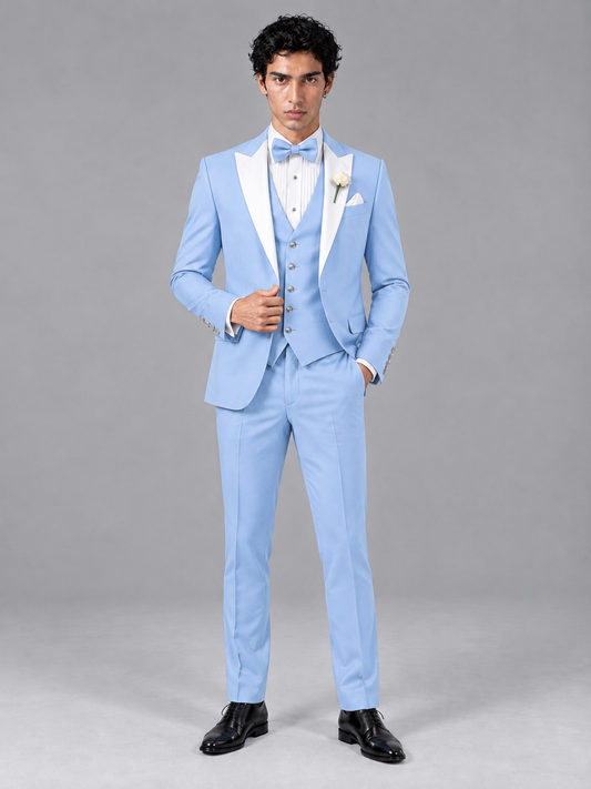 Savile Men's Light Blue Contrast White Peak Lapel 3-Piece Tuxedo Suit - Light_Blue