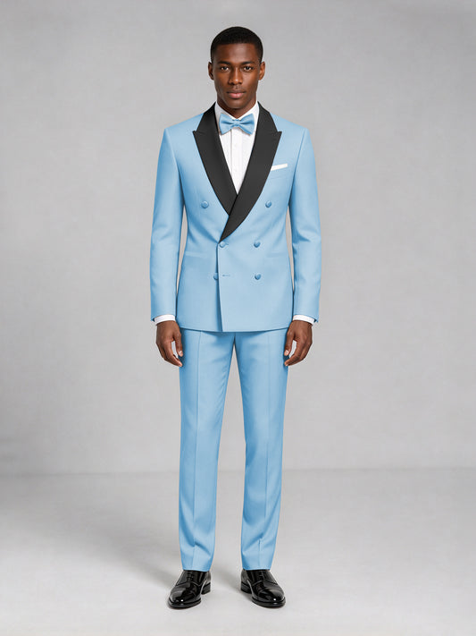 Men's Light Blue Double-Breasted Tuxedo Suit – Satin Shawl Lapel Light Blue-Tie Wedding & Gala 2-Piece Set - Light Blue