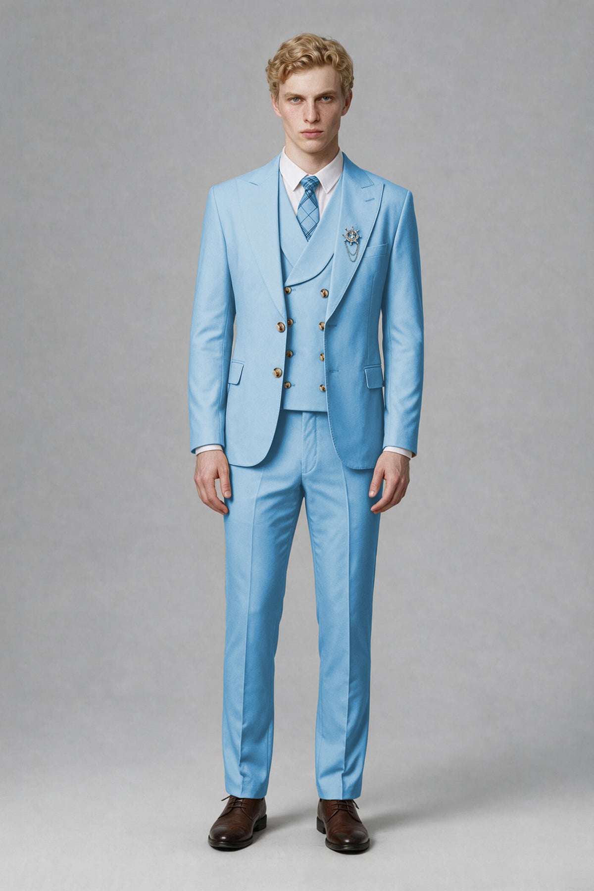 Savile Men's Light Blue Three-Piece Wedding Suit with Double-Breasted Waistcoat - Light Blue