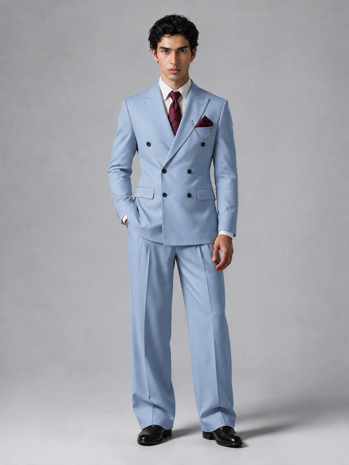 Savile Men's Light Blue Double-Breasted 2-Piece Suit Set – Peak Lapel Blazer & Pleated Wide-Leg Trousers - Light Blue - Light Blue_2