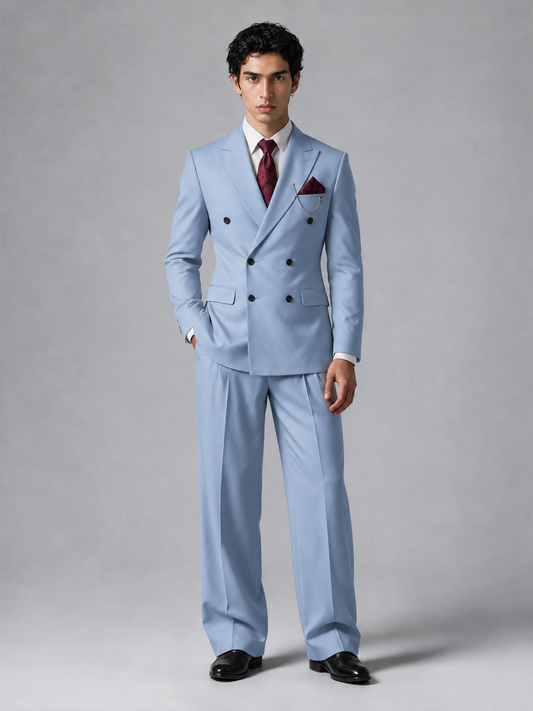 Savile Men's Light Blue Double-Breasted 2-Piece Suit Set – Peak Lapel Blazer & Pleated Wide-Leg Trousers - Light Blue - Light Blue_2