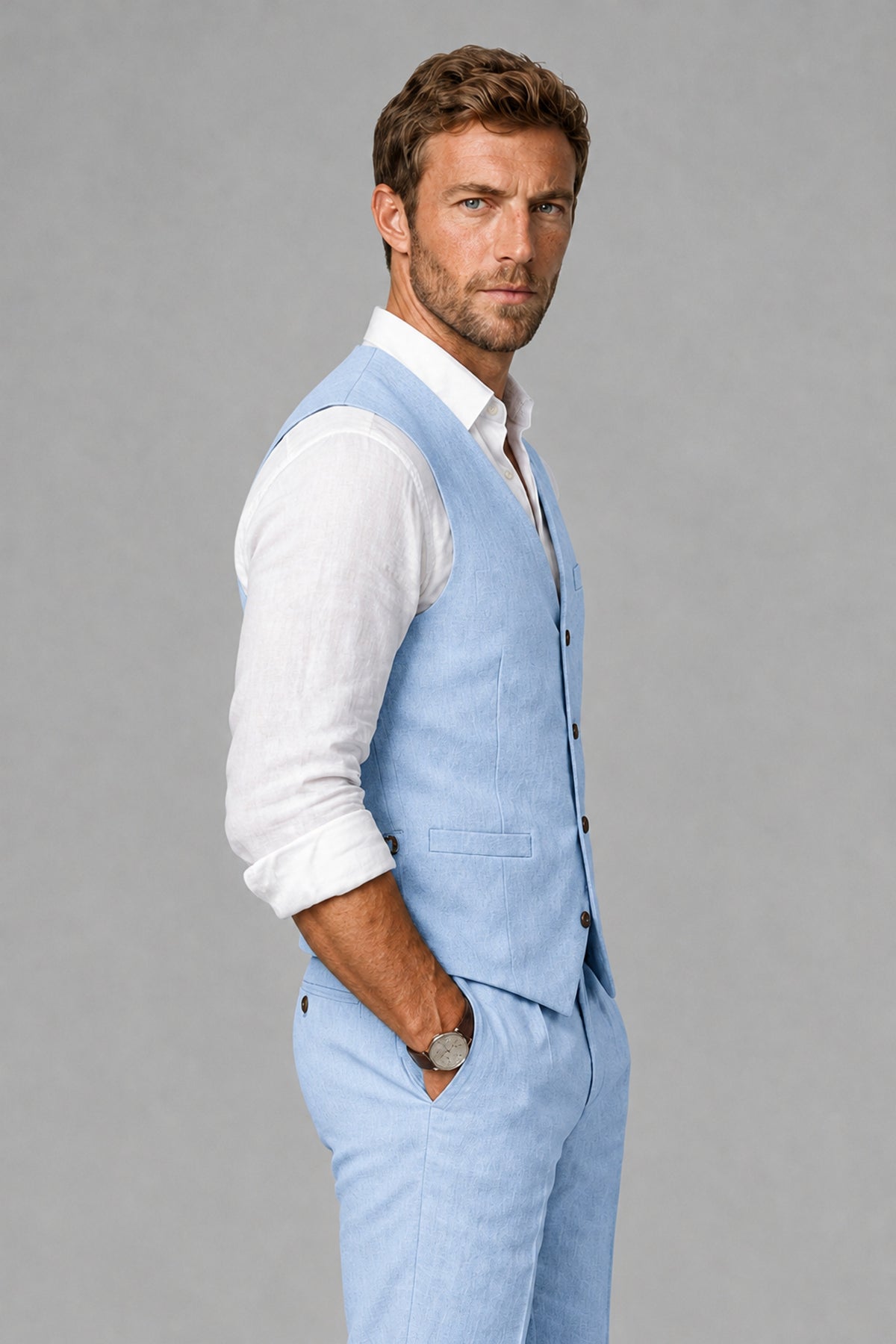 Men's Light Blue Linen Blend Single-Breasted V-Neck Suit Vest | Savile QX0101 - Light Blue