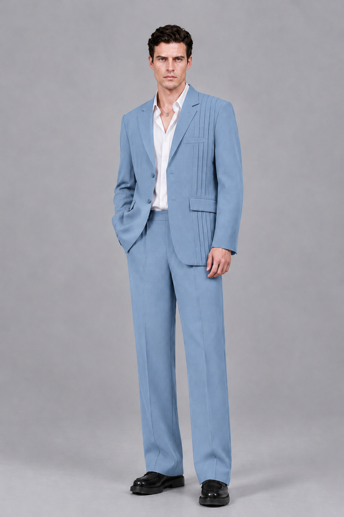 Savile Men's Light Blue Pleated 2-Piece Suit Set | Notch Lapel Blazer & Tailored Trousers - Light Blue - Light Blue_2