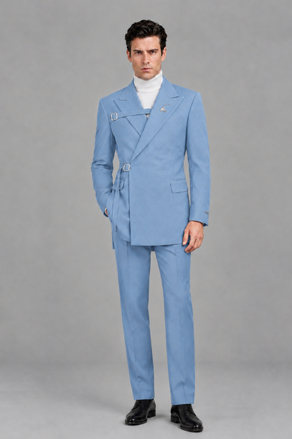Savile Men's Light Blue Double Buckle Wrap Belted 2-Piece Suit Set – Peak Lapel Slim-Fit Jacket & Trousers - Light Blue - Light Blue_2