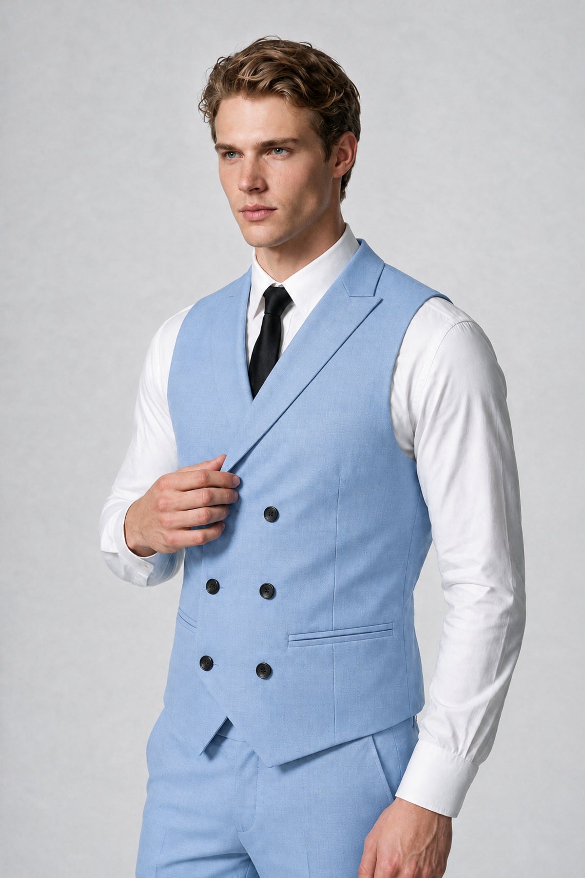 Men's Classic Light Blue Double-Breasted Shawl Lapel Suit Vest | Savile QX0100 - Light Blue