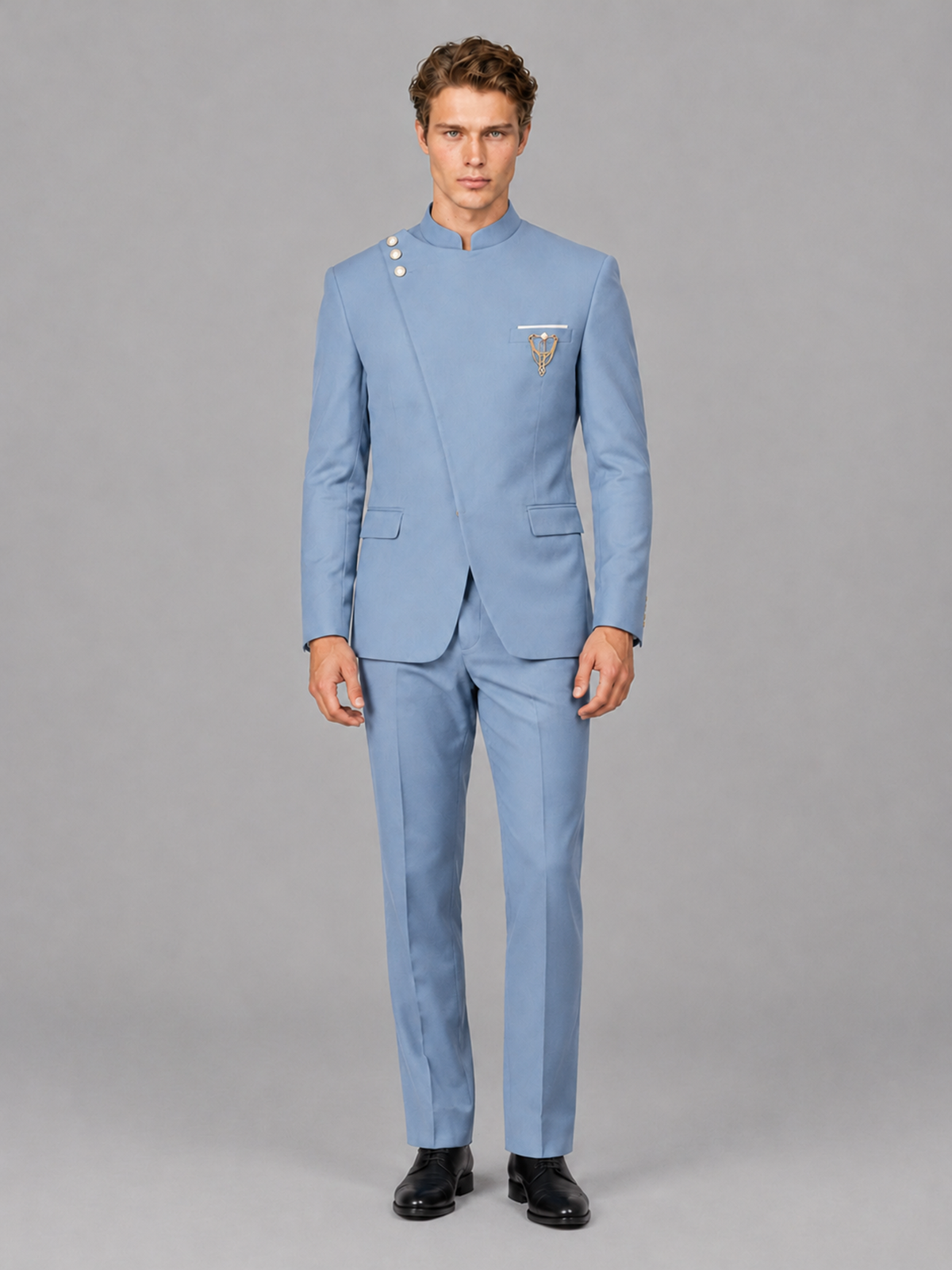 Savile Men's Light Blue Mandarin Collar Asymmetrical 2-Piece Suit Set – Modern Jacket & Trousers - Light Blue - Light Blue_2