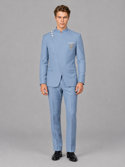 Savile Men's Light Blue Mandarin Collar Asymmetrical 2-Piece Suit Set – Modern Jacket & Trousers - Light Blue - Light Blue_2