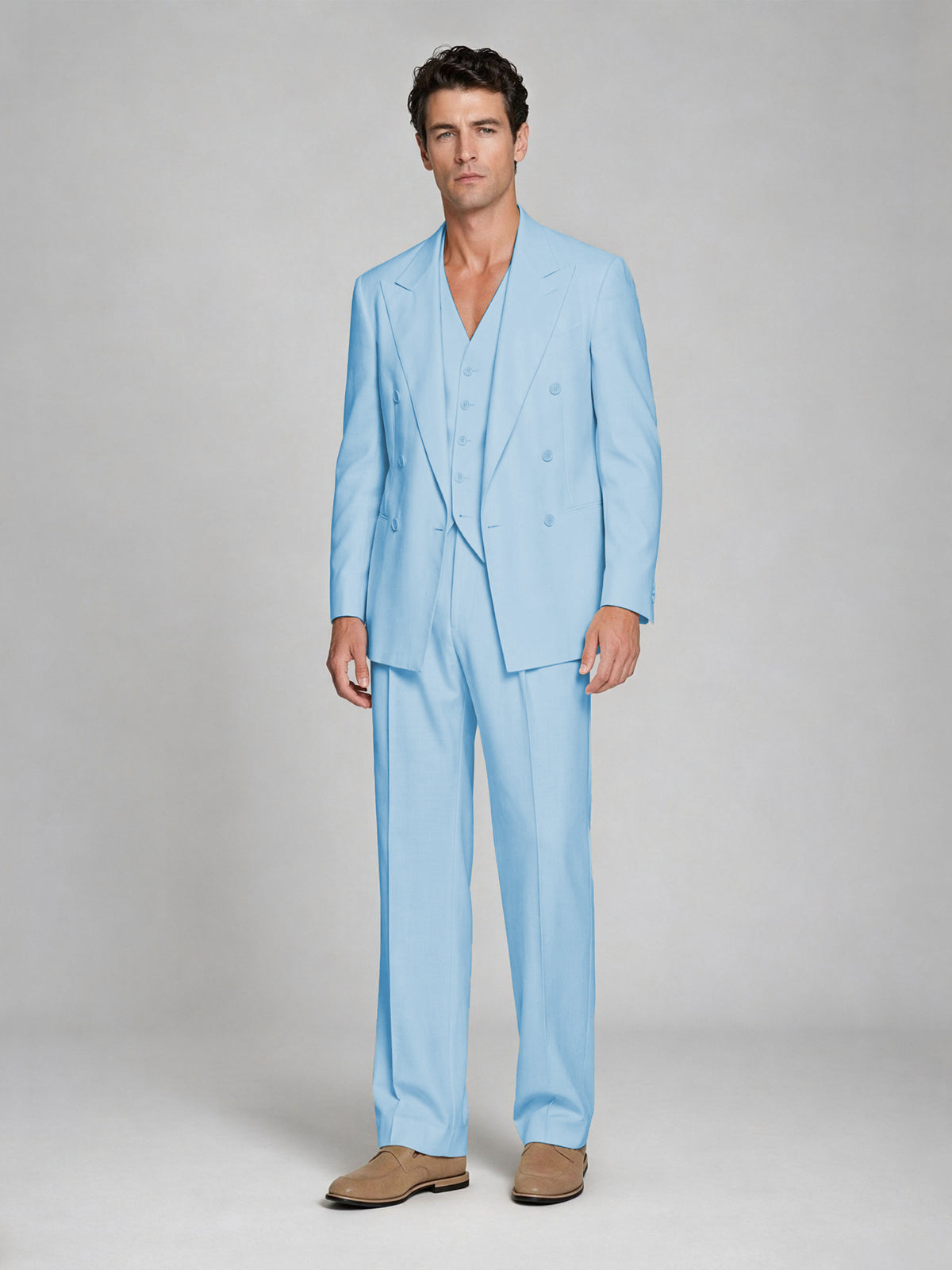 Men's Light Blue Double-Breasted 2-Piece Suit – Peak Lapel Wedding & Beach Formal Set with Vest - Light Blue