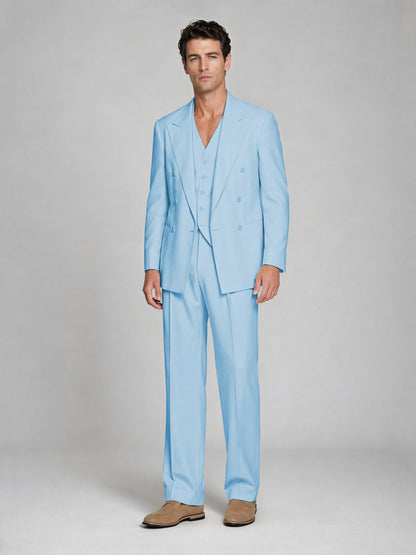Men's Light Blue Double-Breasted 2-Piece Suit – Peak Lapel Wedding & Beach Formal Set with Vest - Light Blue