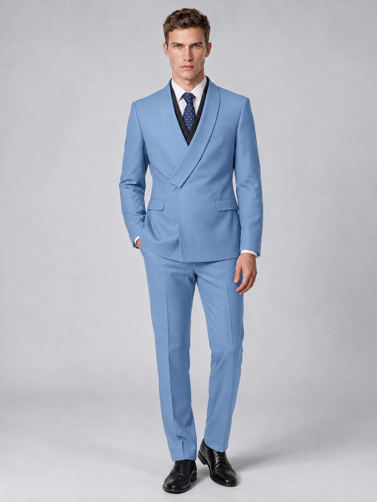 Savile Men's Light Blue Wrap Shawl Lapel 2-Piece Suit Set – Modern Jacket & Trousers - Light Blue - Light Blue_2