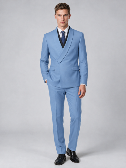 Savile Men's Light Blue Wrap Shawl Lapel 2-Piece Suit Set – Modern Jacket & Trousers - Light Blue - Light Blue_2