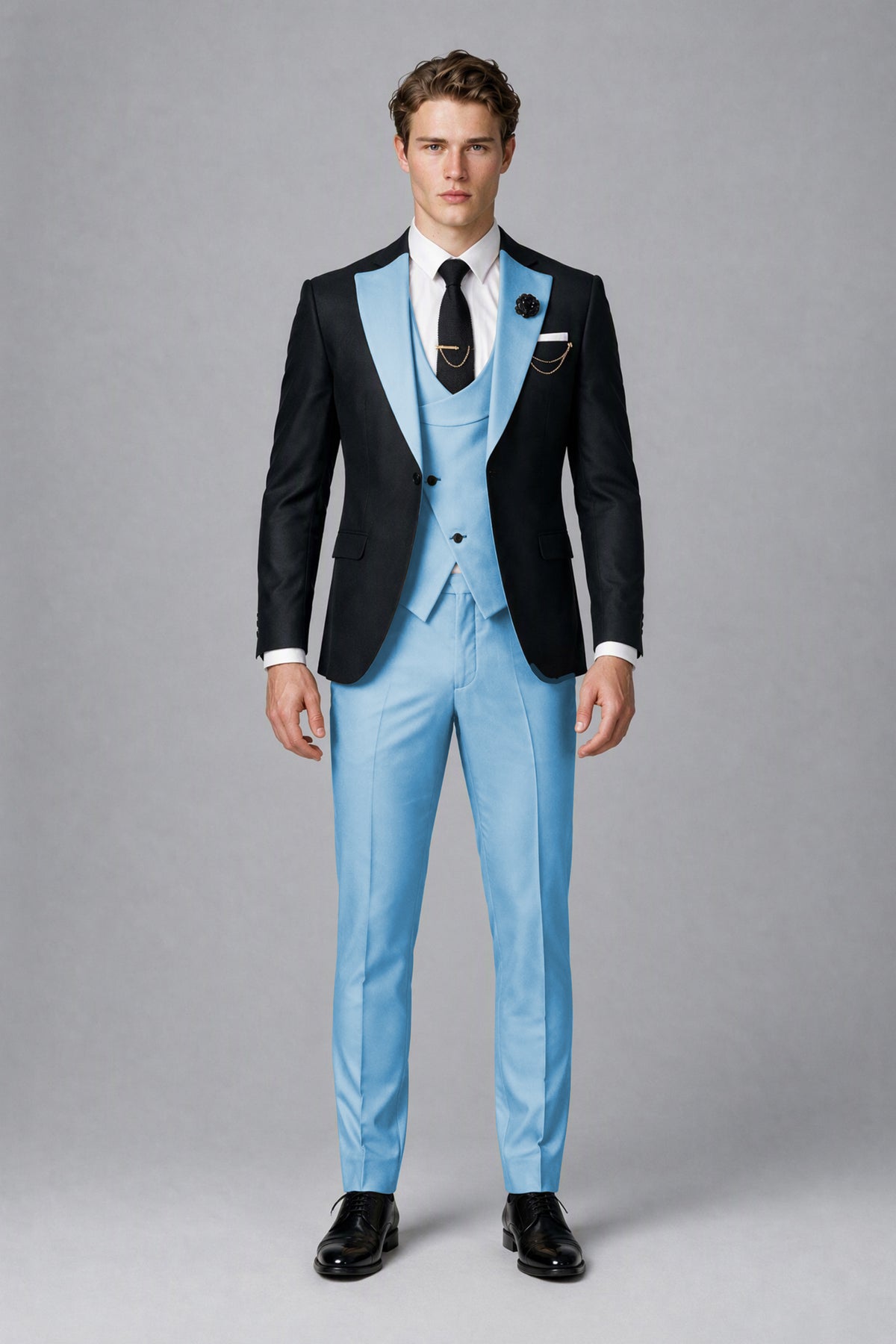Savile Men's Black & Light Blue Three-Piece Wedding Suit - Light Blue