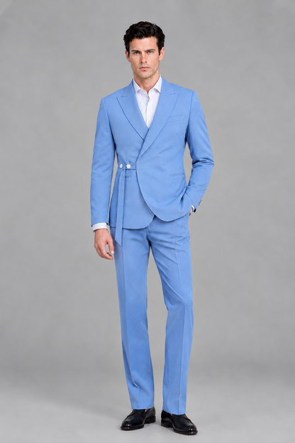 Savile Men's Modern Light Blue 2-Piece Wrap Suit Set – Peak Lapel Side-Button Blazer & Tailored Trousers - Light Blue - Light_Blue_2