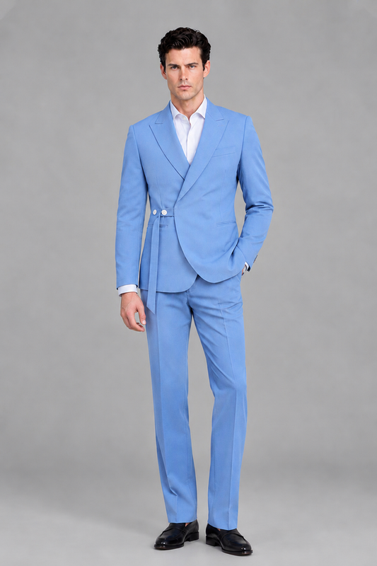 Savile Men's Modern Light Blue 2-Piece Wrap Suit Set – Peak Lapel Side-Button Blazer & Tailored Trousers - Light Blue - Light_Blue_2