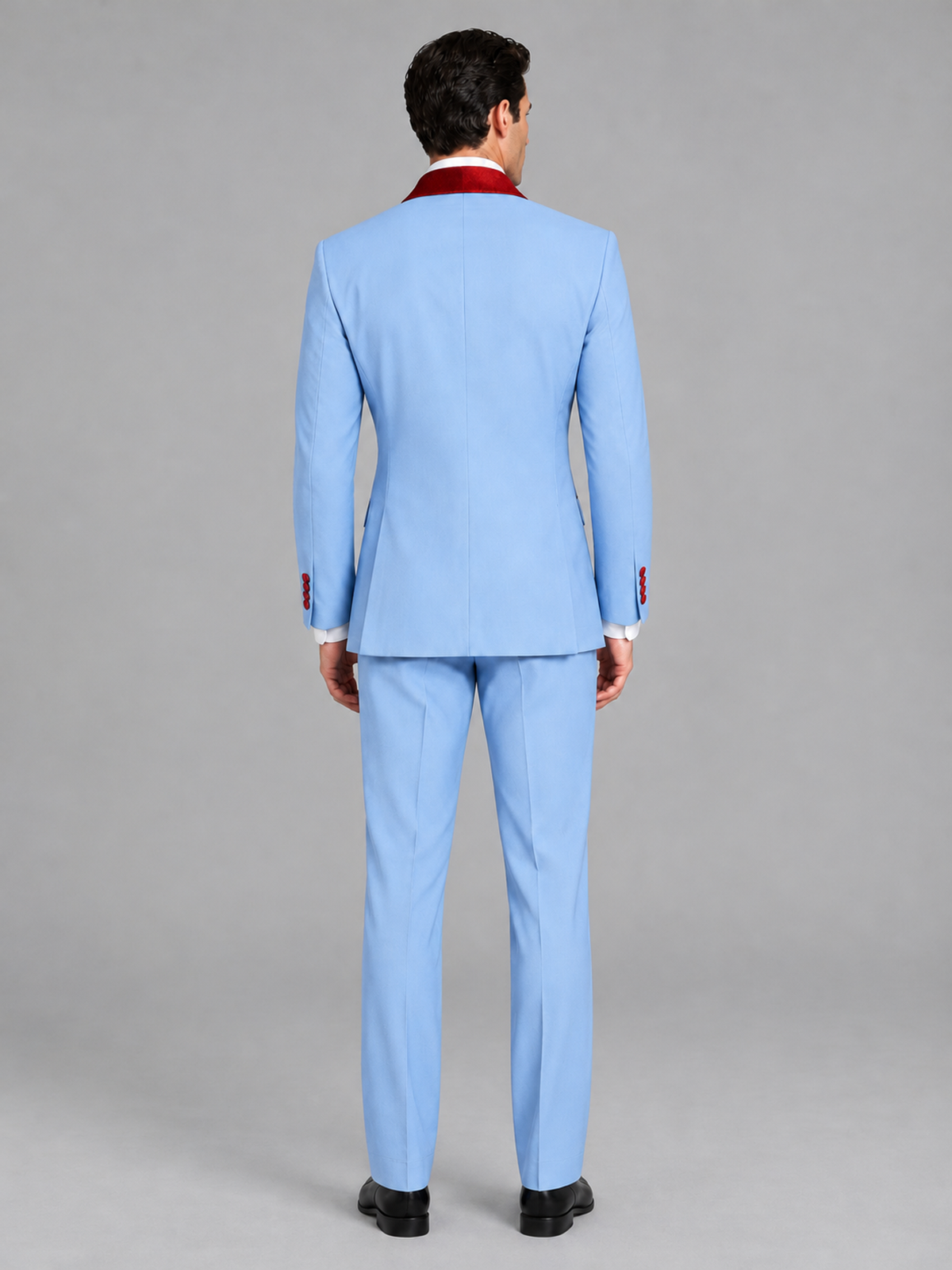 Savile Men's Light Blue 3-Piece Tuxedo Suit Set – Contrast Red Shawl Lapel Blazer, Red Waistcoat & Trousers - SUC020 - Light_Blue