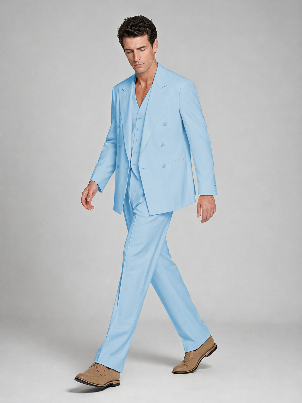 Men's Light Blue Double-Breasted 2-Piece Suit – Peak Lapel Wedding & Beach Formal Set with Vest - Light Blue