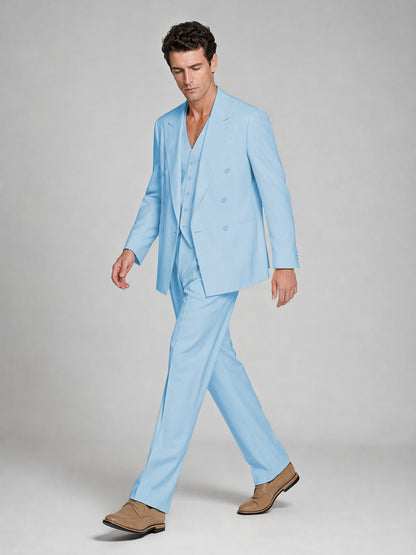 Men's Light Blue Double-Breasted 2-Piece Suit – Peak Lapel Wedding & Beach Formal Set with Vest - Light Blue