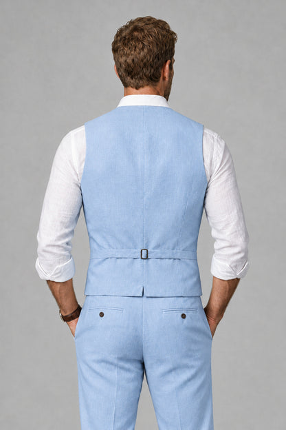 Men's Light Blue Linen Blend Single-Breasted V-Neck Suit Vest | Savile QX0101 - Light Blue