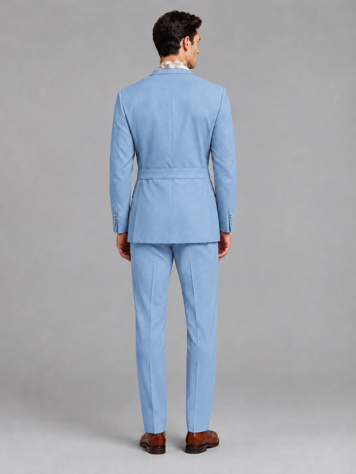 Savile Men's Light Blue Belted Wrap 2-Piece Suit – Peak Lapel Blazer & Tailored Trousers - SUC060 - Light Blue - Light Blue_3