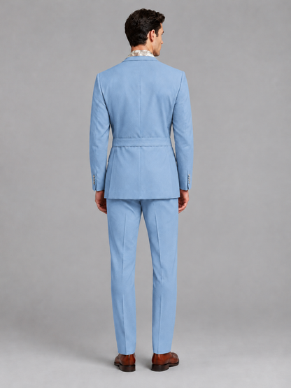 Savile Men's Light Blue Belted Wrap 2-Piece Suit – Peak Lapel Blazer & Tailored Trousers - SUC060 - Light Blue - Light Blue_3