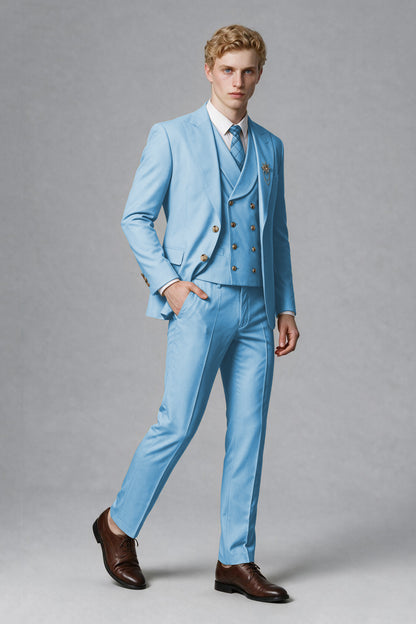Savile Men's Light Blue Three-Piece Wedding Suit with Double-Breasted Waistcoat - Light Blue