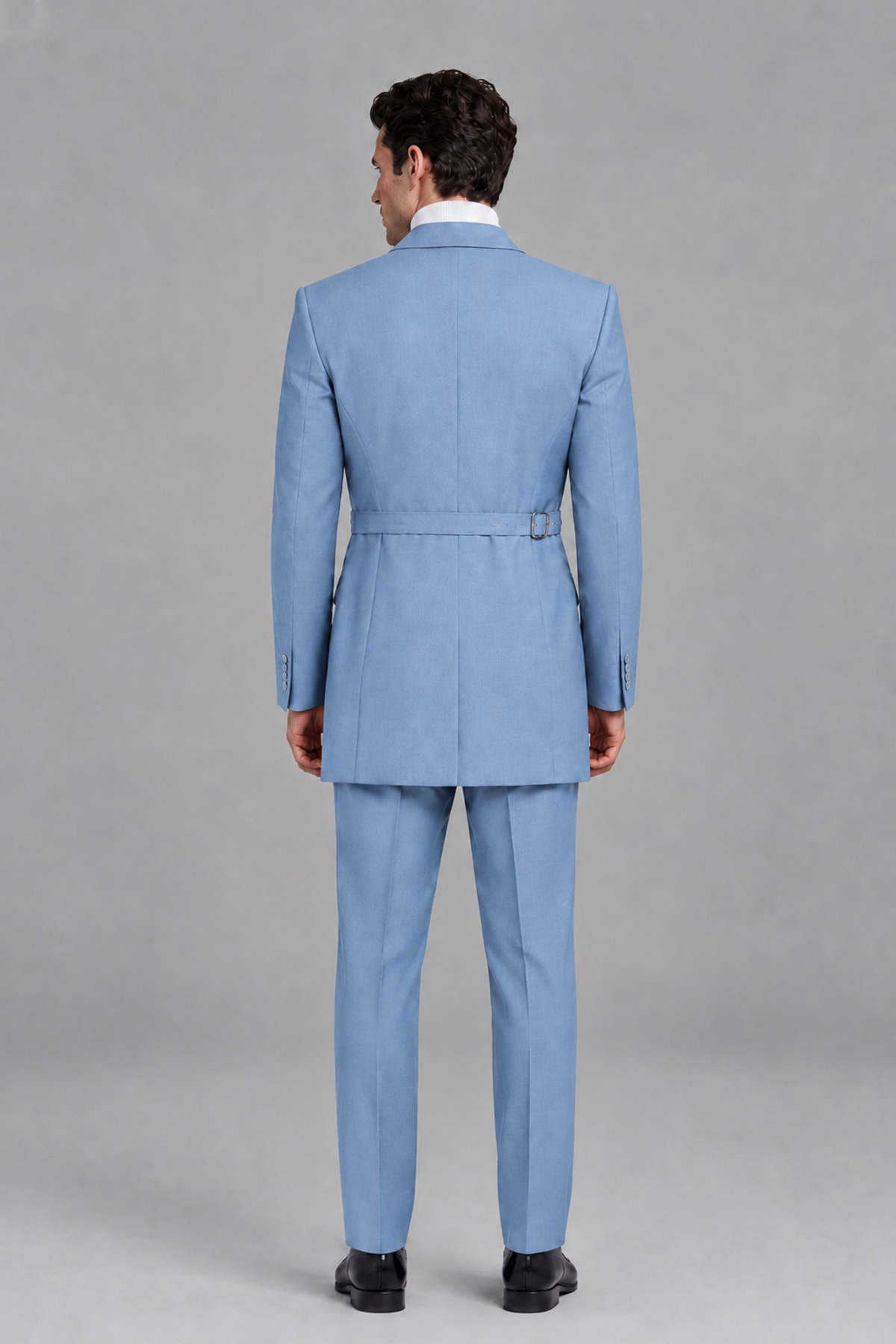 Savile Men's Light Blue Double Buckle Wrap Belted 2-Piece Suit Set – Peak Lapel Slim-Fit Jacket & Trousers - Light Blue - Light Blue_3