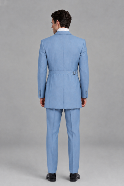 Savile Men's Light Blue Double Buckle Wrap Belted 2-Piece Suit Set – Peak Lapel Slim-Fit Jacket & Trousers - Light Blue - Light Blue_3