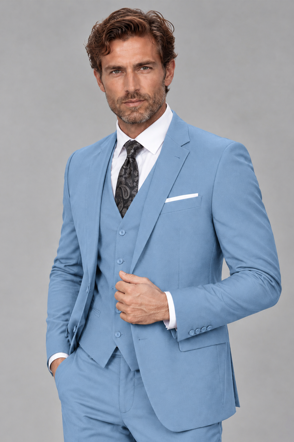 Savile Men's Light Blue 3-Piece Suit Set – Notch Lapel Blazer, Vest & Trousers - Light Blue - Light_Blue_3
