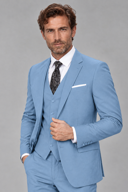 Savile Men's Light Blue 3-Piece Suit Set – Notch Lapel Blazer, Vest & Trousers - Light Blue - Light_Blue_3