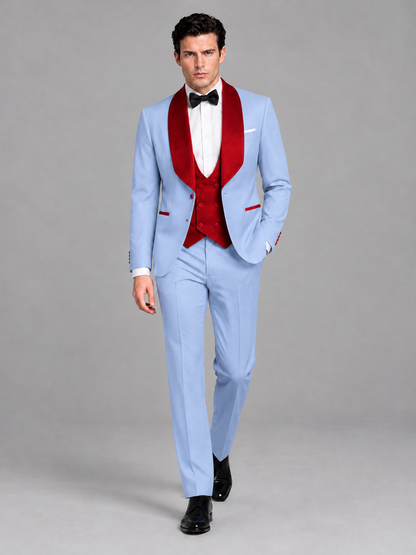 Savile Men's Light Blue 3-Piece Tuxedo Suit Set – Contrast Red Shawl Lapel Blazer, Red Waistcoat & Trousers - SUC020 - Light_Blue
