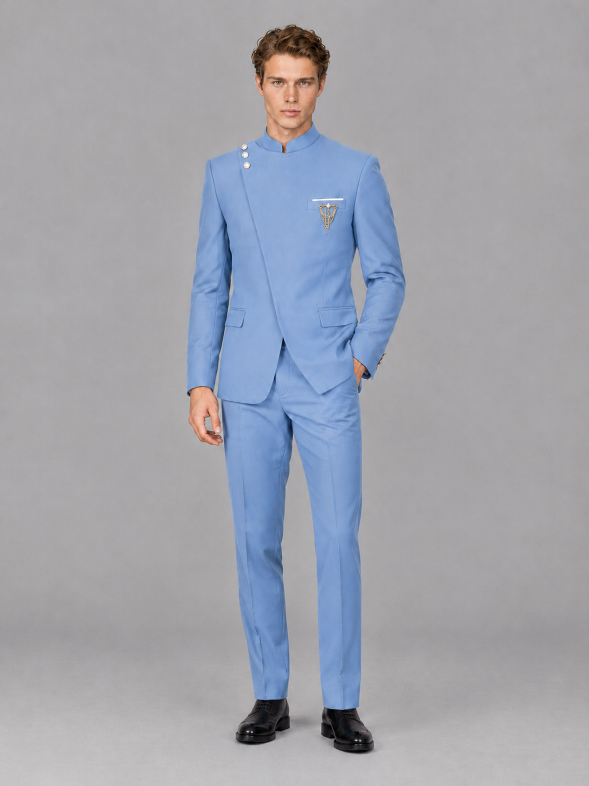 Savile Men's Light Blue Mandarin Collar Asymmetrical 2-Piece Suit Set – Modern Jacket & Trousers - Light Blue - Light Blue_4