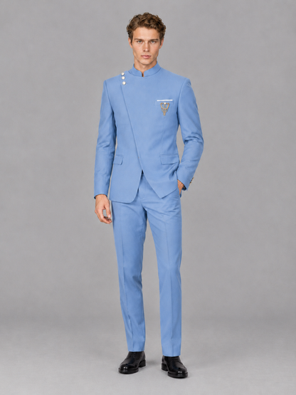 Savile Men's Light Blue Mandarin Collar Asymmetrical 2-Piece Suit Set – Modern Jacket & Trousers - Light Blue - Light Blue_4