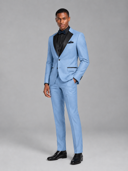 Savile Men's Light Blue Contrast Shawl Lapel Tuxedo Suit – 3-Piece Wedding, Prom & Black-Tie Formal Set - Light Blue - Light Blue_4