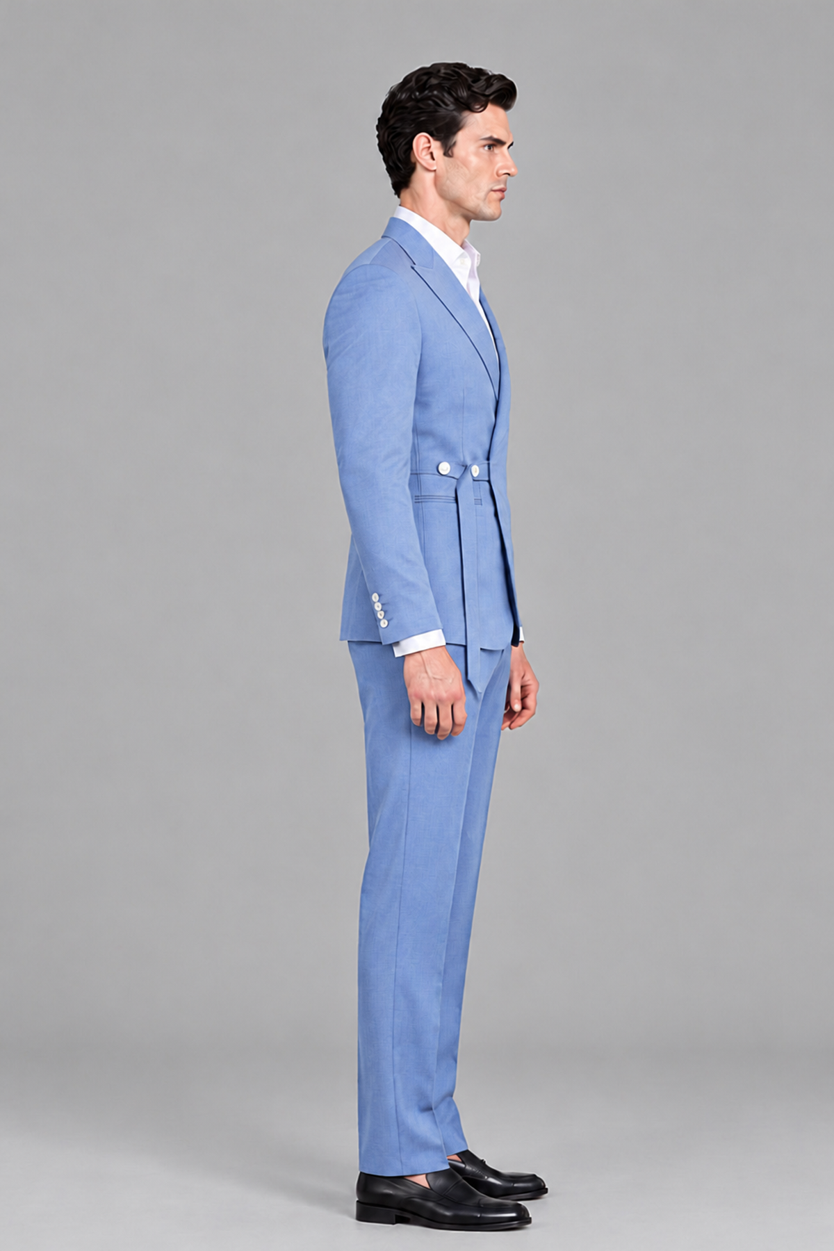 Savile Men's Modern Light Blue 2-Piece Wrap Suit Set – Peak Lapel Side-Button Blazer & Tailored Trousers - Light Blue - Light_Blue_4