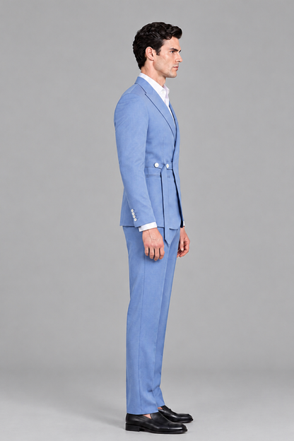 Savile Men's Modern Light Blue 2-Piece Wrap Suit Set – Peak Lapel Side-Button Blazer & Tailored Trousers - Light Blue - Light_Blue_4