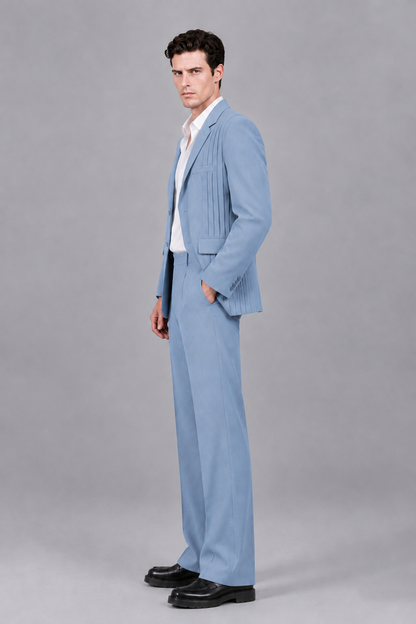 Savile Men's Light Blue Pleated 2-Piece Suit Set | Notch Lapel Blazer & Tailored Trousers - Light Blue - Light Blue_4