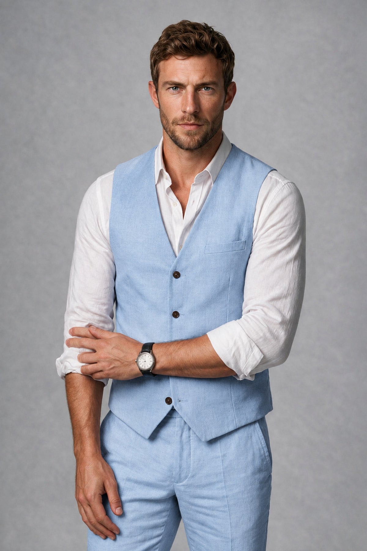 Men's Light Blue Linen Blend Single-Breasted V-Neck Suit Vest | Savile QX0101 - Light Blue