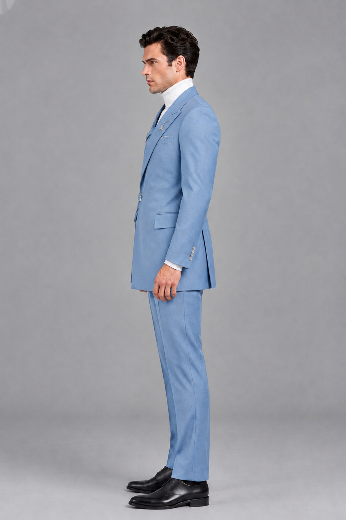 Savile Men's Light Blue Double Buckle Wrap Belted 2-Piece Suit Set – Peak Lapel Slim-Fit Jacket & Trousers - Light Blue - Light Blue_4