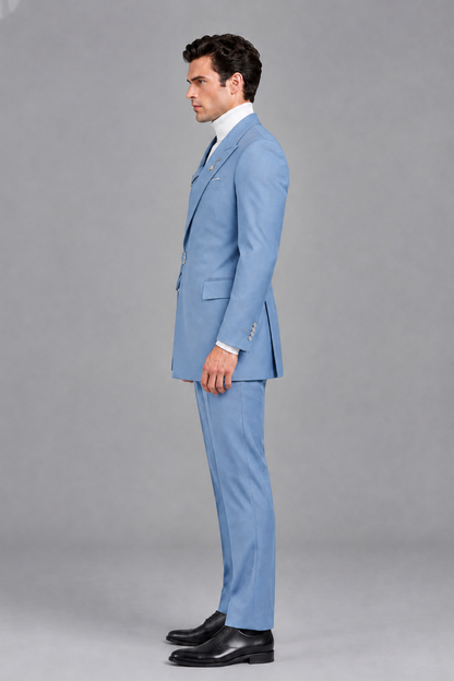 Savile Men's Light Blue Double Buckle Wrap Belted 2-Piece Suit Set – Peak Lapel Slim-Fit Jacket & Trousers - Light Blue - Light Blue_4