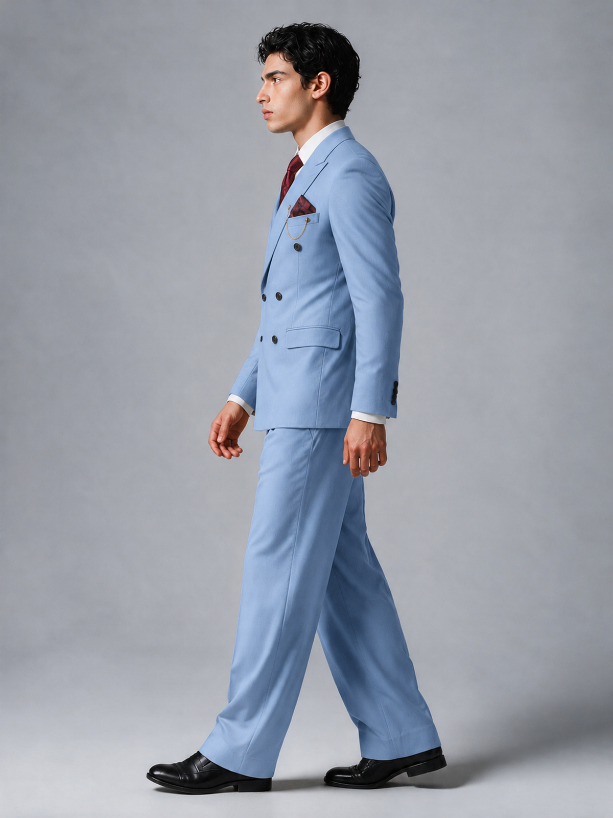 Savile Men's Light Blue Double-Breasted 2-Piece Suit Set – Peak Lapel Blazer & Pleated Wide-Leg Trousers - Light Blue - Light Blue_4