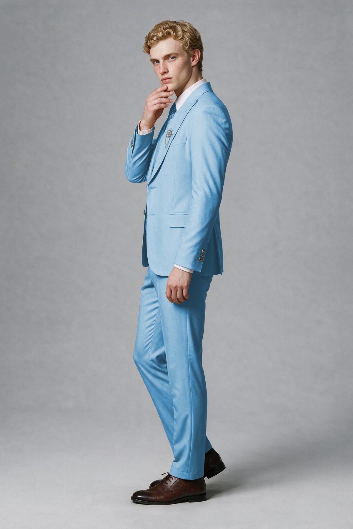 Savile Men's Light Blue Three-Piece Wedding Suit with Double-Breasted Waistcoat - Light Blue