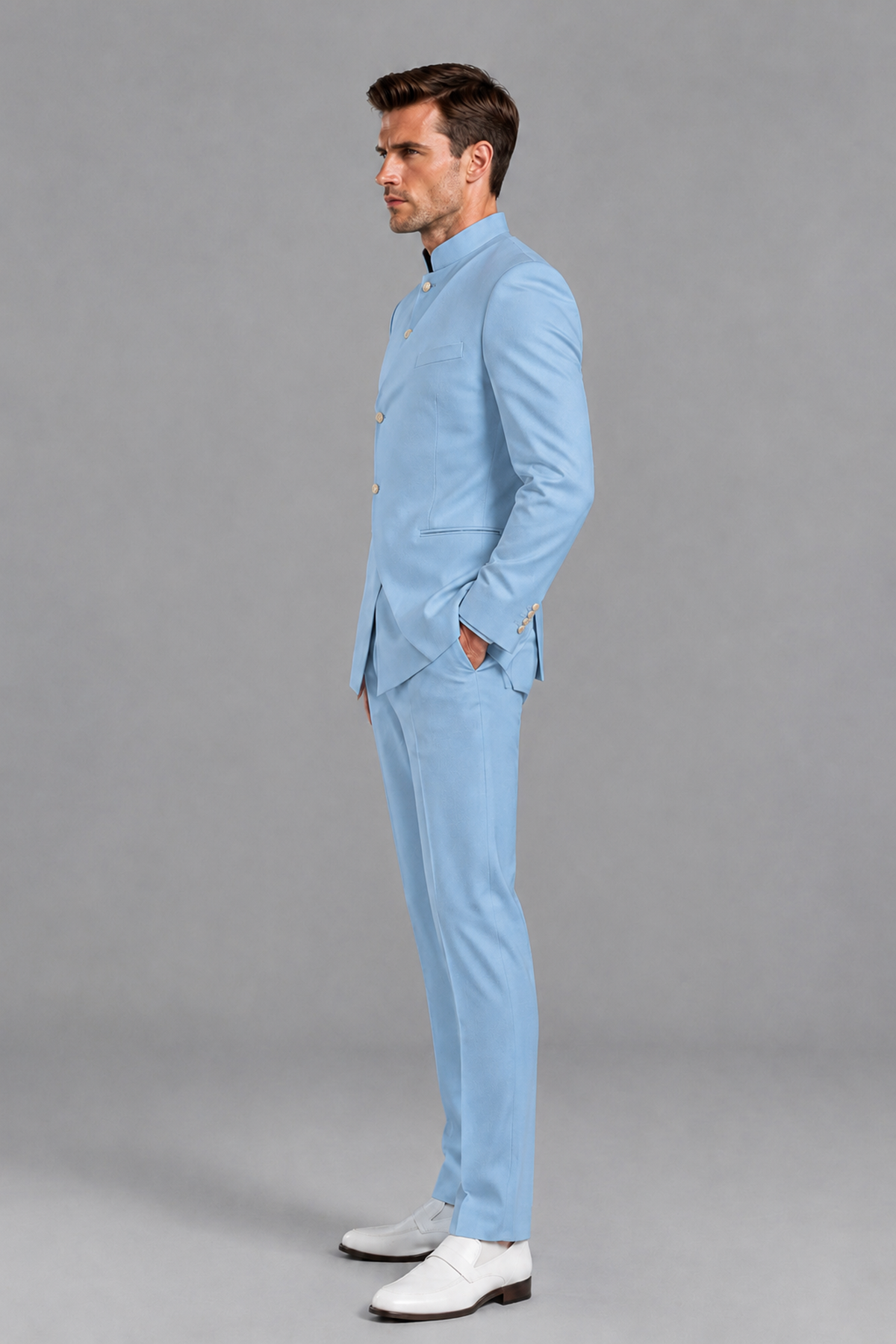 Savile Men's Light Blue Asymmetrical Mandarin Collar Tuxedo Suit – Modern 2-Piece Gold Button Wedding, Prom & Gala Set - Light Blue - Light Blue_4