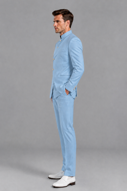 Savile Men's Light Blue Asymmetrical Mandarin Collar Tuxedo Suit – Modern 2-Piece Gold Button Wedding, Prom & Gala Set - Light Blue - Light Blue_4