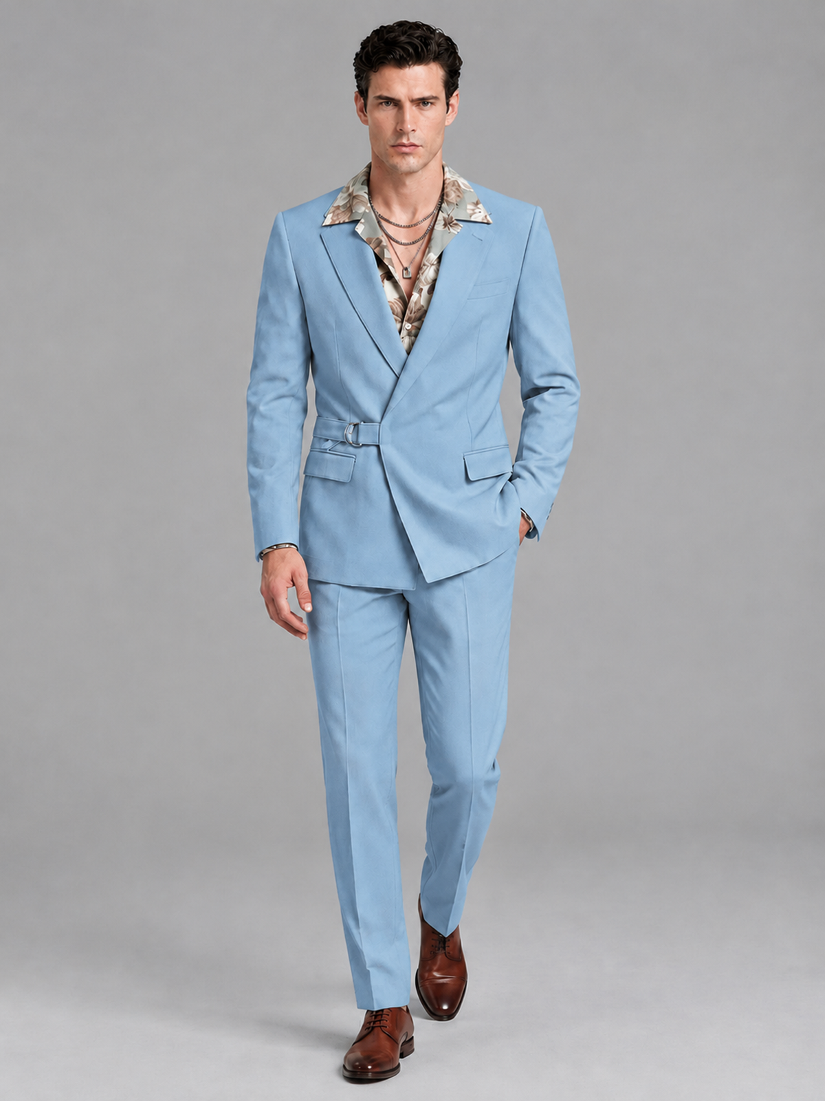 Savile Men's Light Blue Belted Wrap 2-Piece Suit – Peak Lapel Blazer & Tailored Trousers - SUC060 - Light Blue - Light Blue_4