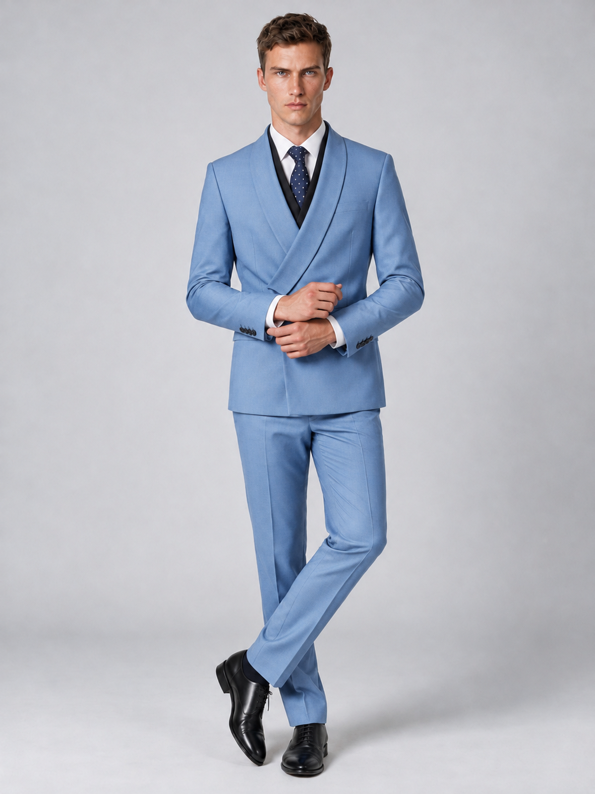 Savile Men's Light Blue Wrap Shawl Lapel 2-Piece Suit Set – Modern Jacket & Trousers - Light Blue - Light Blue_4