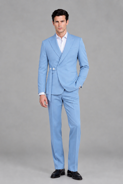 Savile Men's Modern Light Blue 2-Piece Wrap Suit Set – Peak Lapel Side-Button Blazer & Tailored Trousers - Light Blue - Light_Blue_5