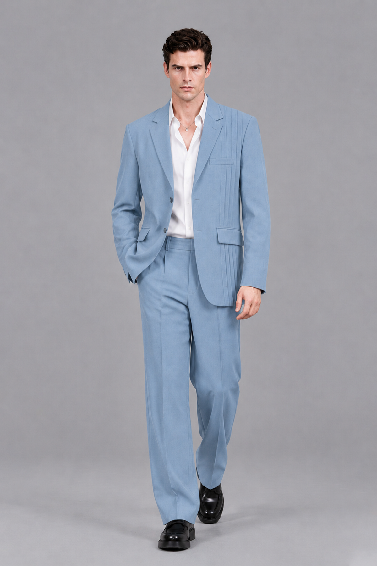 Savile Men's Light Blue Pleated 2-Piece Suit Set | Notch Lapel Blazer & Tailored Trousers - Light Blue - Light Blue_5